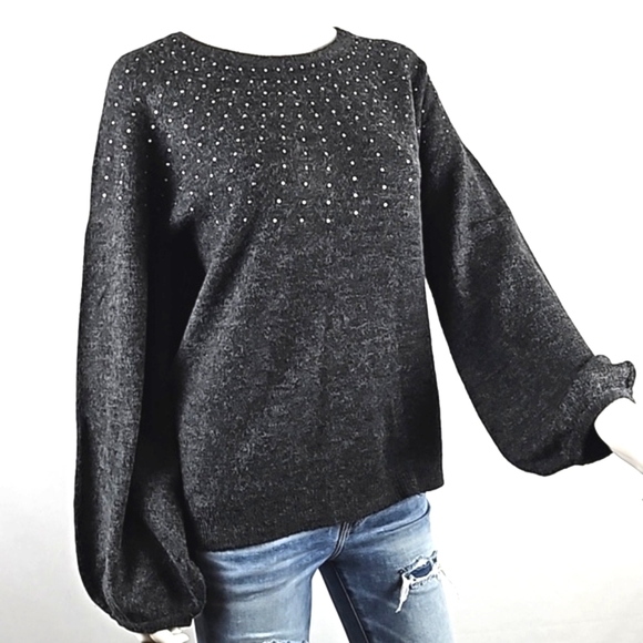 Miss Me Sweaters - Miss Me Wool Blend Soft Knit Charcoal Grey Rhinestone Embellished Sweater